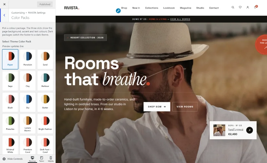 The WordPress Customizer open on RIVISTA Settings, Color Packs: a grid of colour swatches on the left and a live preview of the shop on the right.