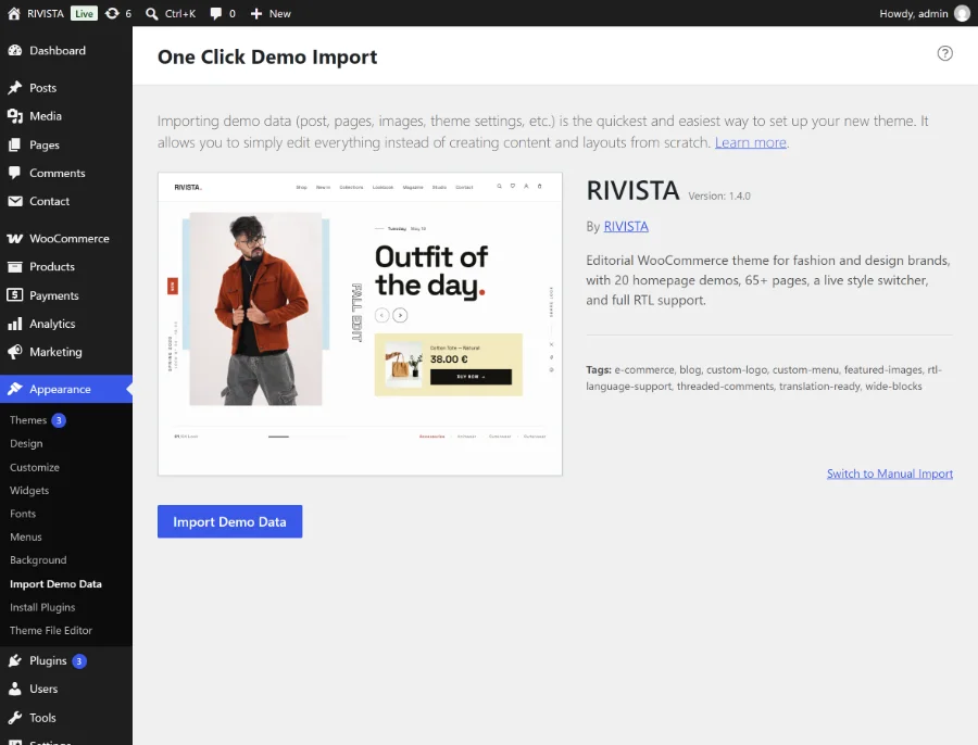 The One Click Demo Import screen under Appearance, showing the RIVISTA theme card, version 1.4.0, and a blue Import Demo Data button.