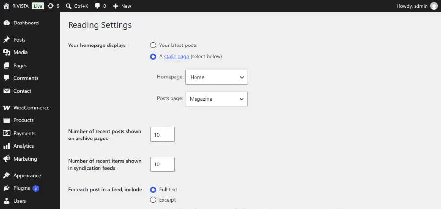 WordPress Reading Settings with A static page selected, Homepage set to Home and Posts page set to Magazine.