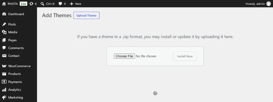 The WordPress Add Themes screen with the Upload Theme panel open, showing the Choose File button and the Install Now button.